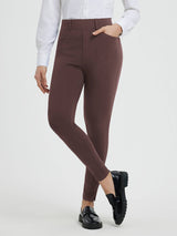 Brown high-waisted yoga business pants with 4 pockets and a split hem. #color_Dark Brown