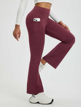 Women's wine-red yoga floral fleece high-waisted flared pants with phone pocket and white sneakers #color_Wine Red