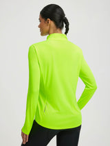 Baleaf women's neon yellow UPF 50+ half zip cycling jersey with thumbholes.