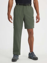 Baleaf 3-IN-1 convertible ripstop hiking pants shown as half pants, half shorts. Olive green. #color_Army Green