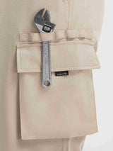 Baleaf beige ripstop hiking pants cargo pocket with forged steel wrench and logo. #color_Khaki