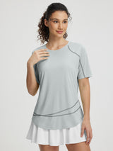 Baleaf light grey UPF 50+ stretchy short-sleeve shirt with crew neck and contrast stitching. #color_Light Gray