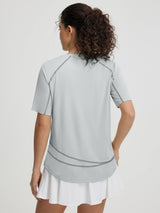 Baleaf UPF 50+ light grey stretchy short-sleeve shirt, back view, contrast stitching. #color_Light Gray