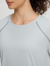 Baleaf light grey UPF 50+ stretchy short-sleeve shirt with crew neck and detailed seams. #color_Light Gray
