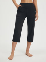 Baleaf black 21" high-rise stretchy straight-leg capri pants with pockets. #color_Black