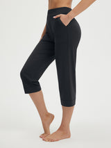 Baleaf black high-rise 21" stretchy capri pants with wide waistband and side pockets. #color_Black
