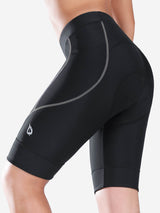 Women's black UPF 50+ padded cycling shorts with grey stitching and a subtle logo. #color_Dark Gray