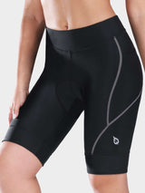 Black women's UPF 50+ padded cycling shorts with grey stitching detail and side pockets. #color_Dark Gray