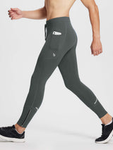 Men's dark gray fleece-lined running tights with phone pocket, ankle zippers, and reflective details. #color_Dark Gray