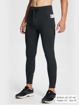 Men's black fleece-lined winter running tights with drawstring waist, phone pocket, and reflective ankle detail.