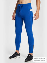 Men's blue fleece-lined winter running tights with zippered ankle and phone pocket, size M.