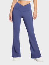 Blue Crossover Waist Fleece Flare Pants with pockets and flared leg #color_Navy Blue