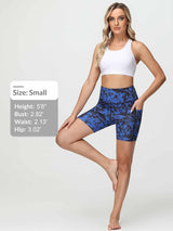 Women's 6" high-waisted blue printed yoga shorts with side pockets