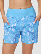 Women's blue floral print quick-dry swim board shorts with side pockets and a high waistband. #color_Print 2