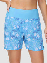 Blue floral print quick-dry women's 5-inch inseam swim board shorts with high-waisted band. #color_Print 2