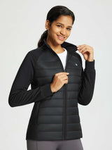 Black women's quilted jacket with stretch sleeves and water-resistant stand collar. #color_Black