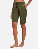 Baleaf Women's Cotton Pocketed Bermuda Jogger & Weekend Shorts abh104 Dark Olive Front