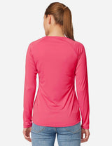 Woman's back in Rouge Red UPF50+ long sleeve sun shirt, ideal for hiking & travel. #color_Rouge Red