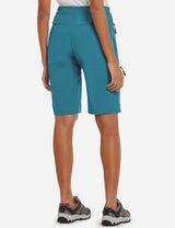 Back view of woman in teal Laureate UPF50+ DWR shorts, suitable for active wear. #color_Blue.