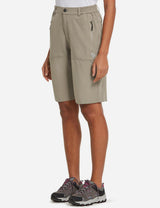 Khaki UPF50+ DWR hiking shorts with zip pockets, perfect for casual adventure wear. #color_Khaki
