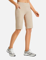 Flyleaf Women's 12" high-waisted stretch running shorts in khaki with side pockets.