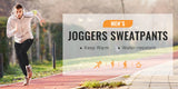 A man jogging outdoors wearing men's joggers sweatpants, highlighting features like keeping warm and water-resistant properties.