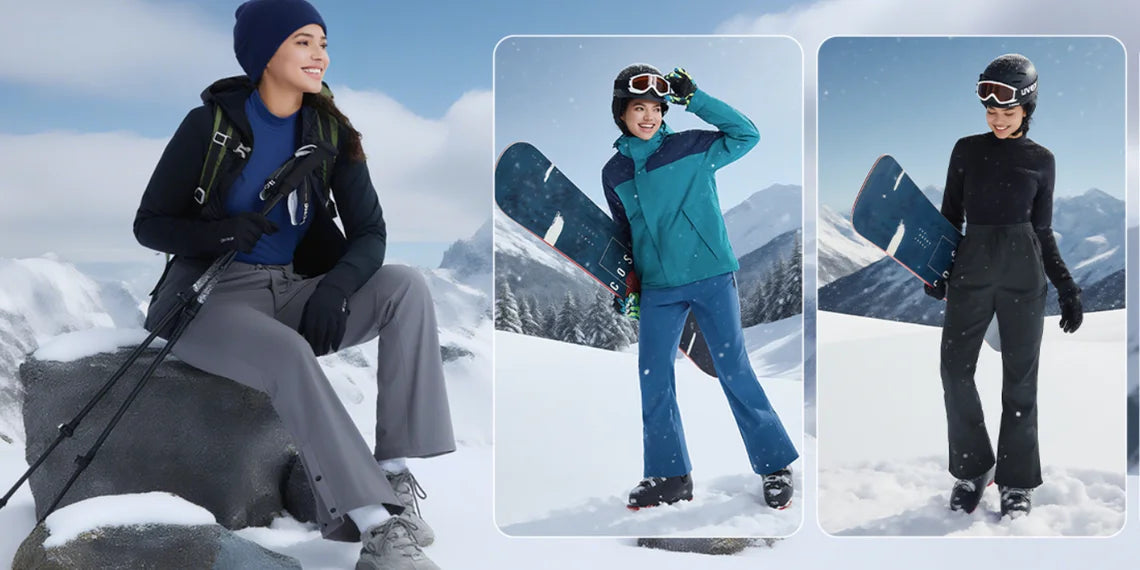 Woman wearing winter hiking outfit sitting on snowy mountain rock