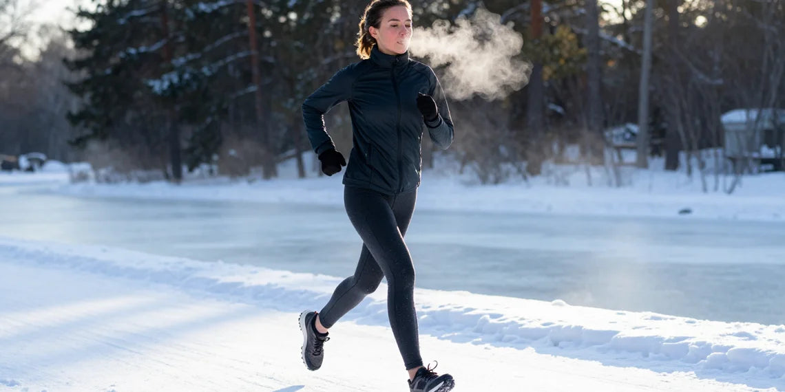 Women in thermal leggings running in snowy park.