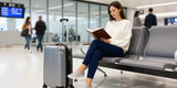 A woman waits in an airport terminal reading a book, wearing navy blue slim-fit travel pant
