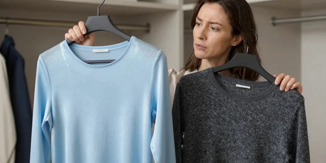 Woman comparing modal vs merino wool fabric textures in closet