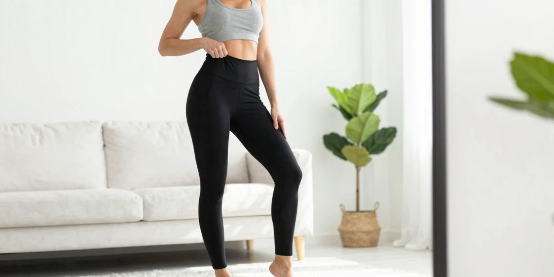 Woman wearing 28 inseam leggings in modern living room, ankle-length pants. 