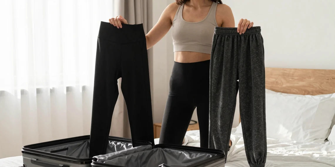 Woman packing suitcase deciding between leggings or joggers for travel comfort