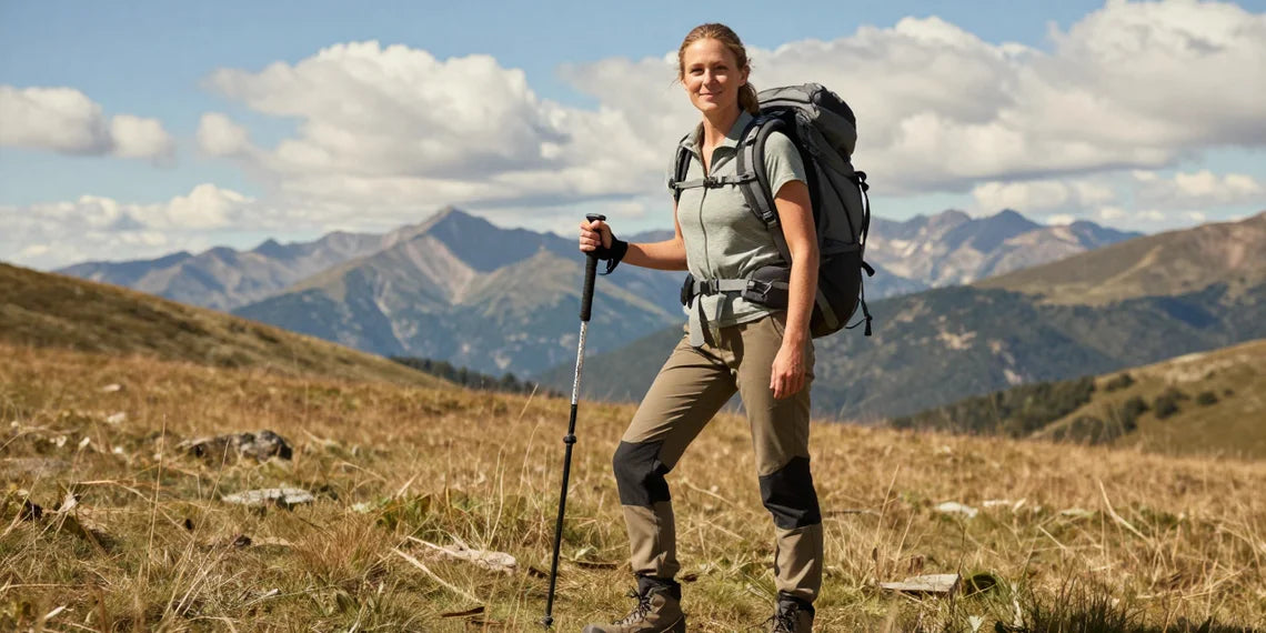 Petite American woman wearing perfectly fitting hiking pants on a sunny mountain trail