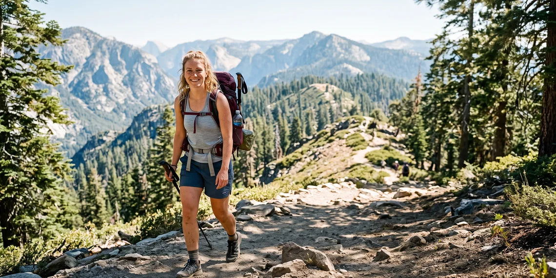 Woman hiking in blue shorts with a backpack on a rocky mountain trail