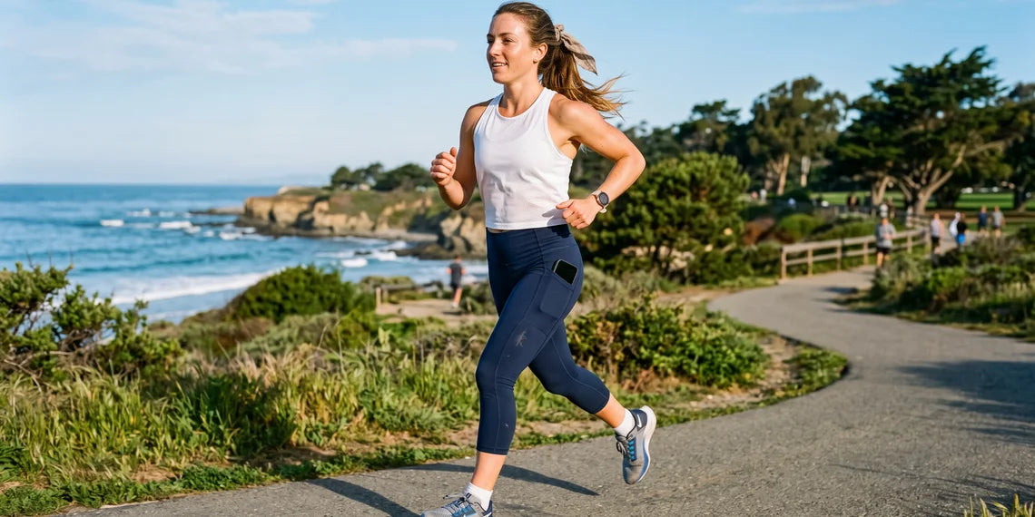 A woman in navy capri leggings with a phone in the side pocket runs along a coastal path