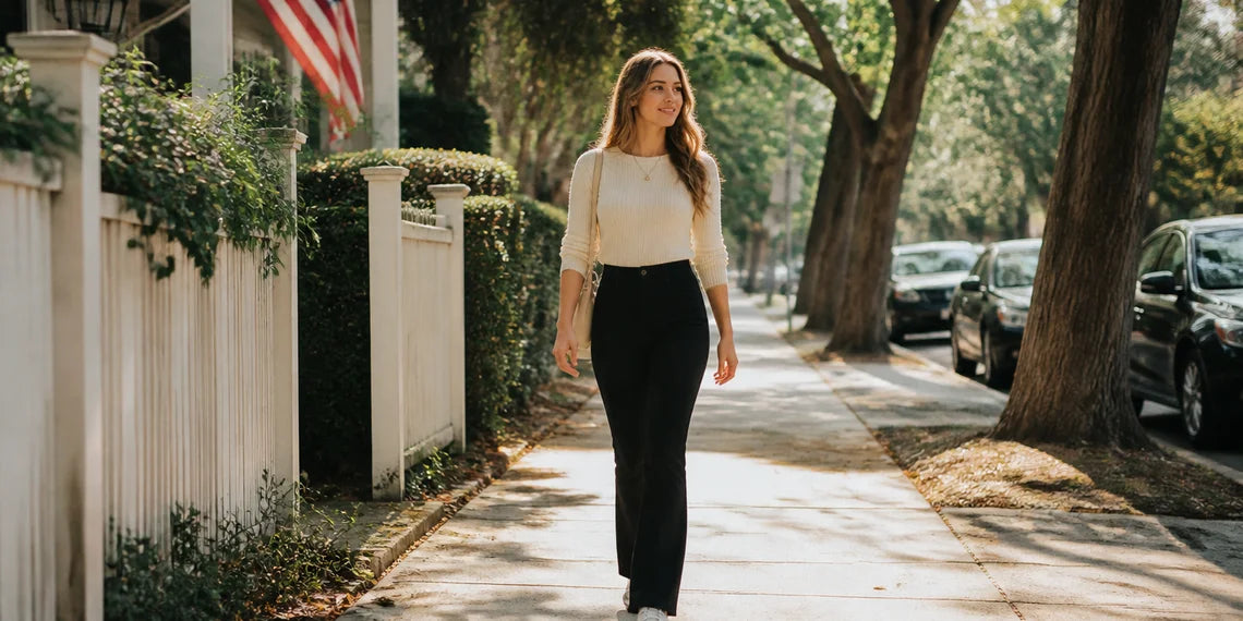 A woman walks along a tree-lined sidewalk wearing black straight-leg pants and a cream sweater