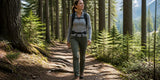 Woman hiking on a forest trail while wearing green hiking pants and a backpack