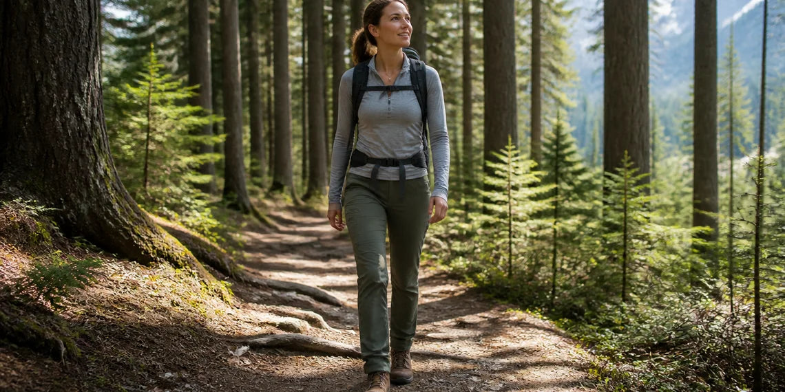 Woman hiking on a forest trail while wearing green hiking pants and a backpack