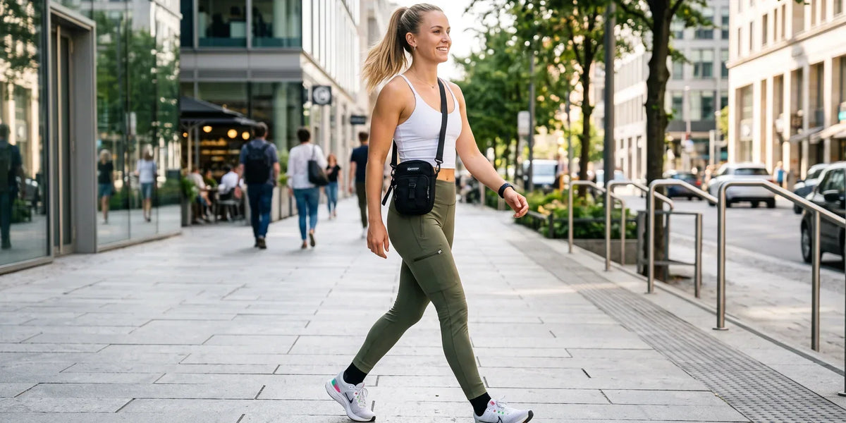 Woman walking on urban street wearing Baleaf olive green leggings during a city errand run