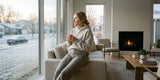 Woman wearing gray sweatpants and a light beige hoodie, sitting on the arm of a sofa by a large window, holding a mug and looking out at a snowy neighborhood.