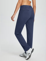 Navy fleece-lined straight-leg golf pants for women with zippered back pocket. #color_Navy Blue