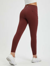 Wine red fleece-lined yoga leggings with side & zip pockets. High-waist for tummy control. #color_Wine Red
