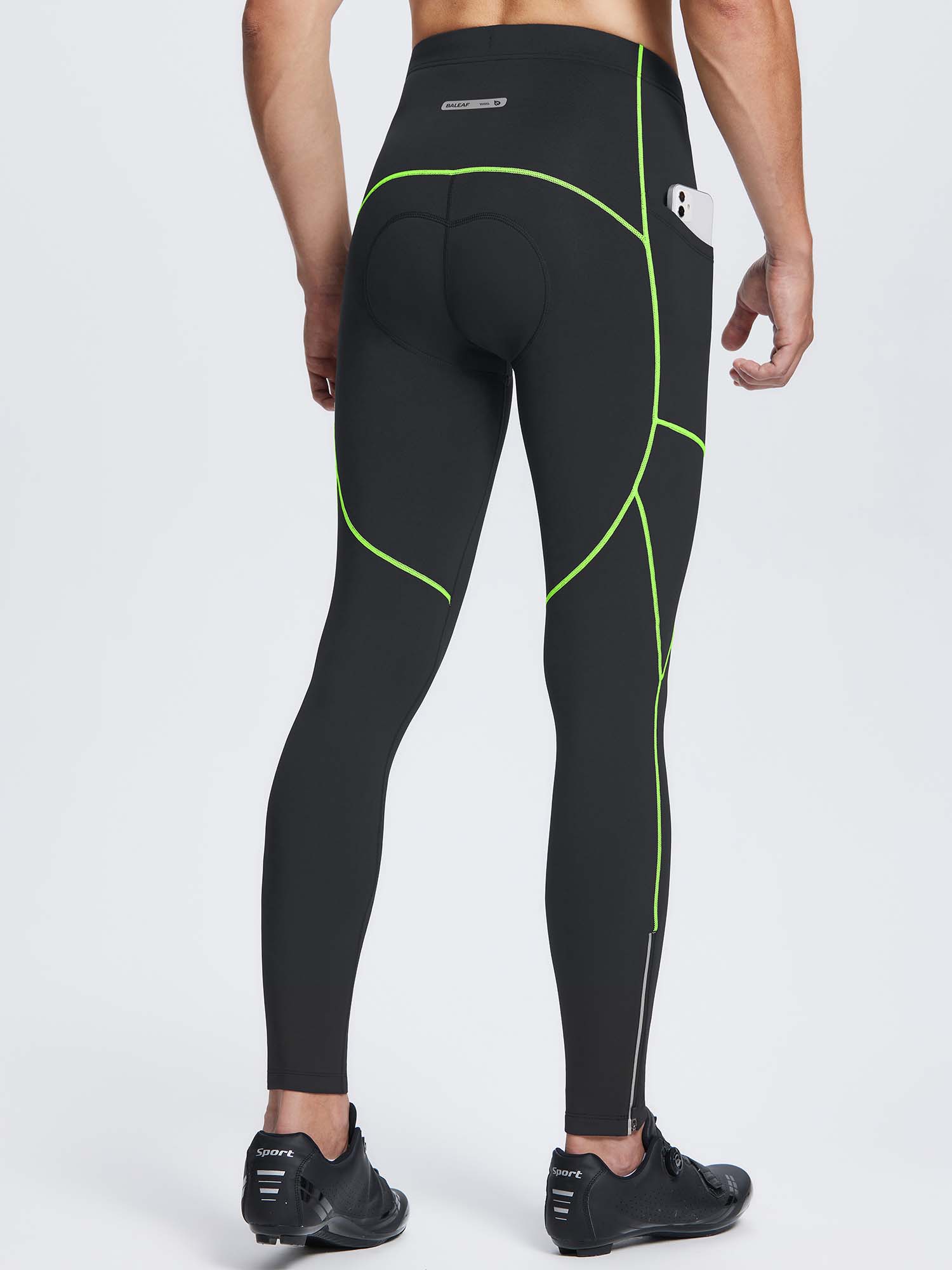 Black fleece-padded thermal cycling tights for men with neon green accents and phone pocket. #color_Flourescent Green