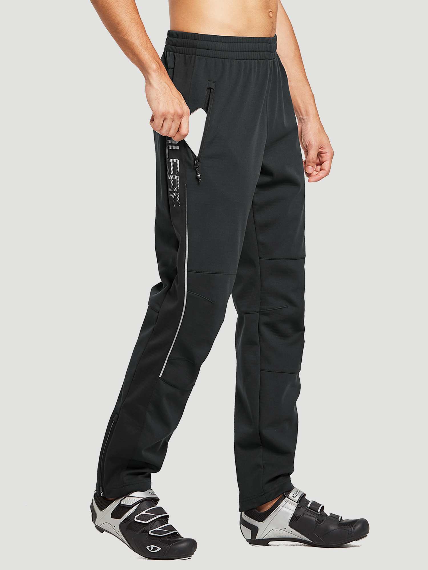 Men's black knit fleece cycling pants with zippered pockets and reflective details for winter cycling. #color_Black