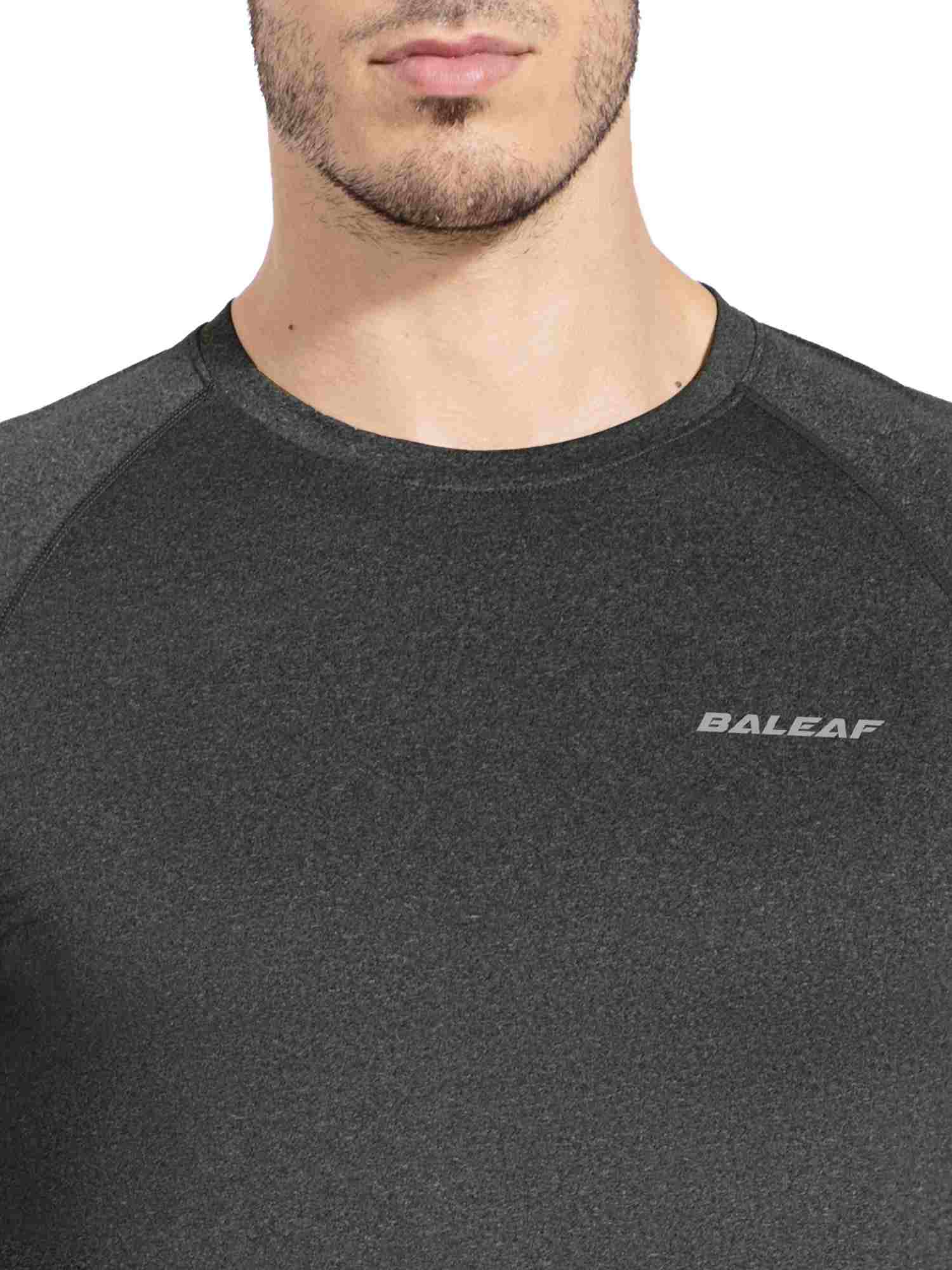 Men's dark heather gray crewneck slim-fit long sleeve shirt with BALEAF logo. #color_Heather Gray