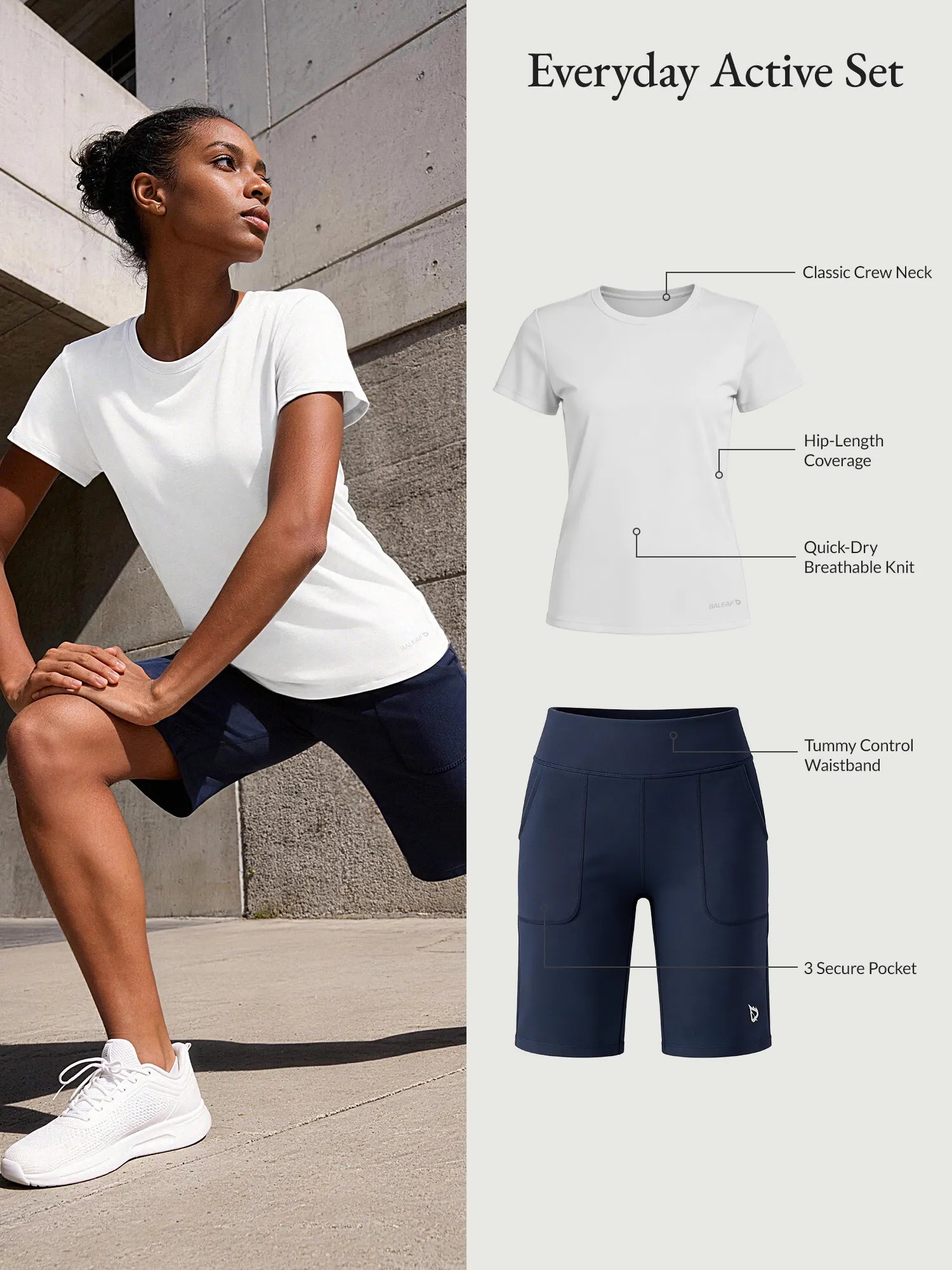 Everyday Active Set: white quick-dry running shirt & navy high-rise Bermuda shorts