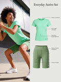 Everyday Active Set: mint quick-dry shirt, olive shorts with tummy control waistband & pockets.