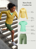 Move-Freely Comfort Set: women's yellow UPF jacket, mint quick-dry tee, olive high-rise shorts.