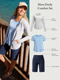 Move-Freely Comfort Set: UPF jacket, soft tee, high-rise Bermuda shorts with pockets.