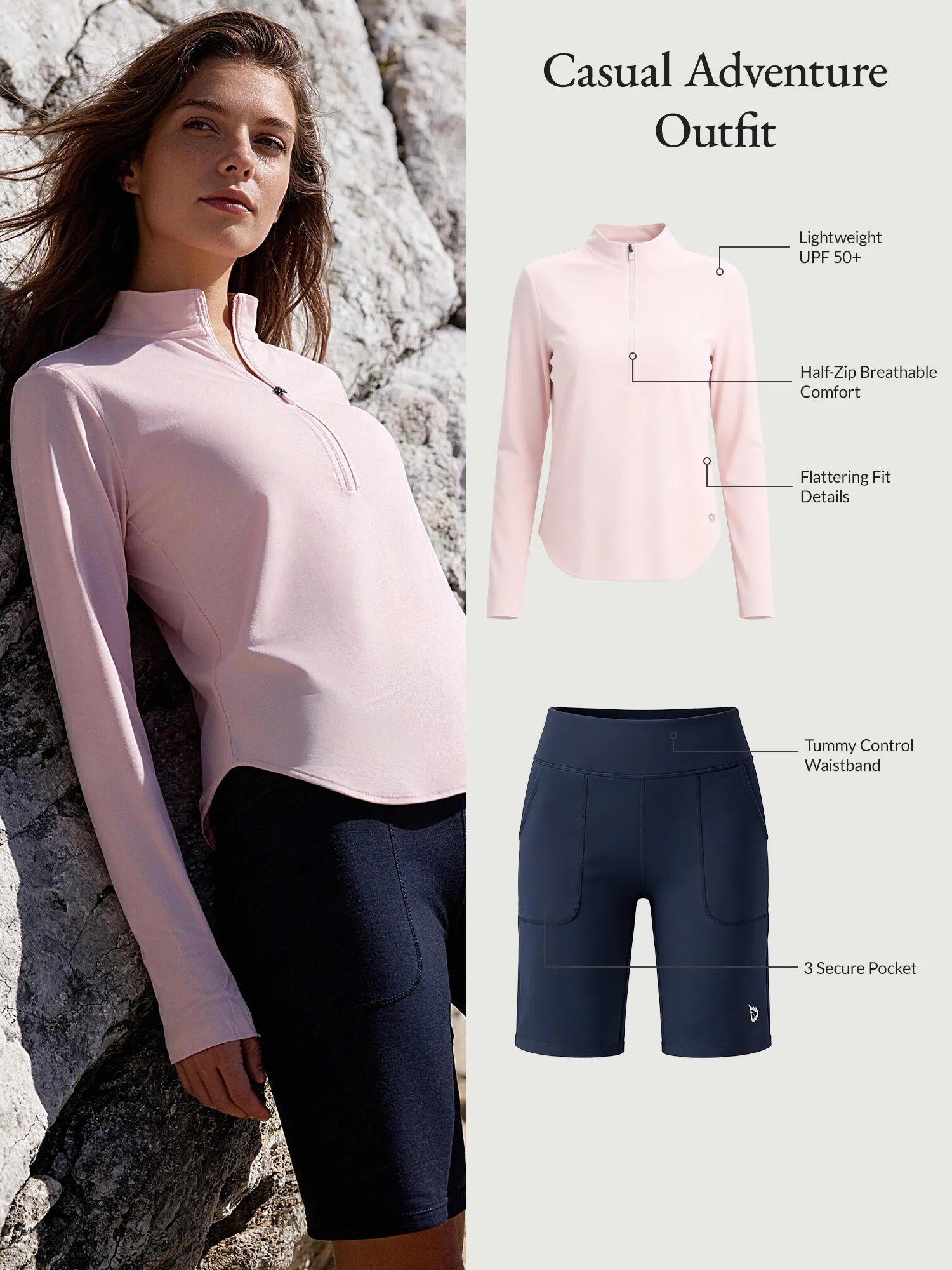 Pink UPF 50+ adventure top and navy Bermuda shorts with tummy control waistband.